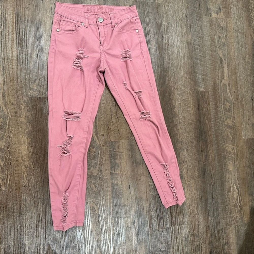 Tag Blue Women Pink Distressed Capris Pants Ripped Size 1/2 Mid Rise Skinny Jean